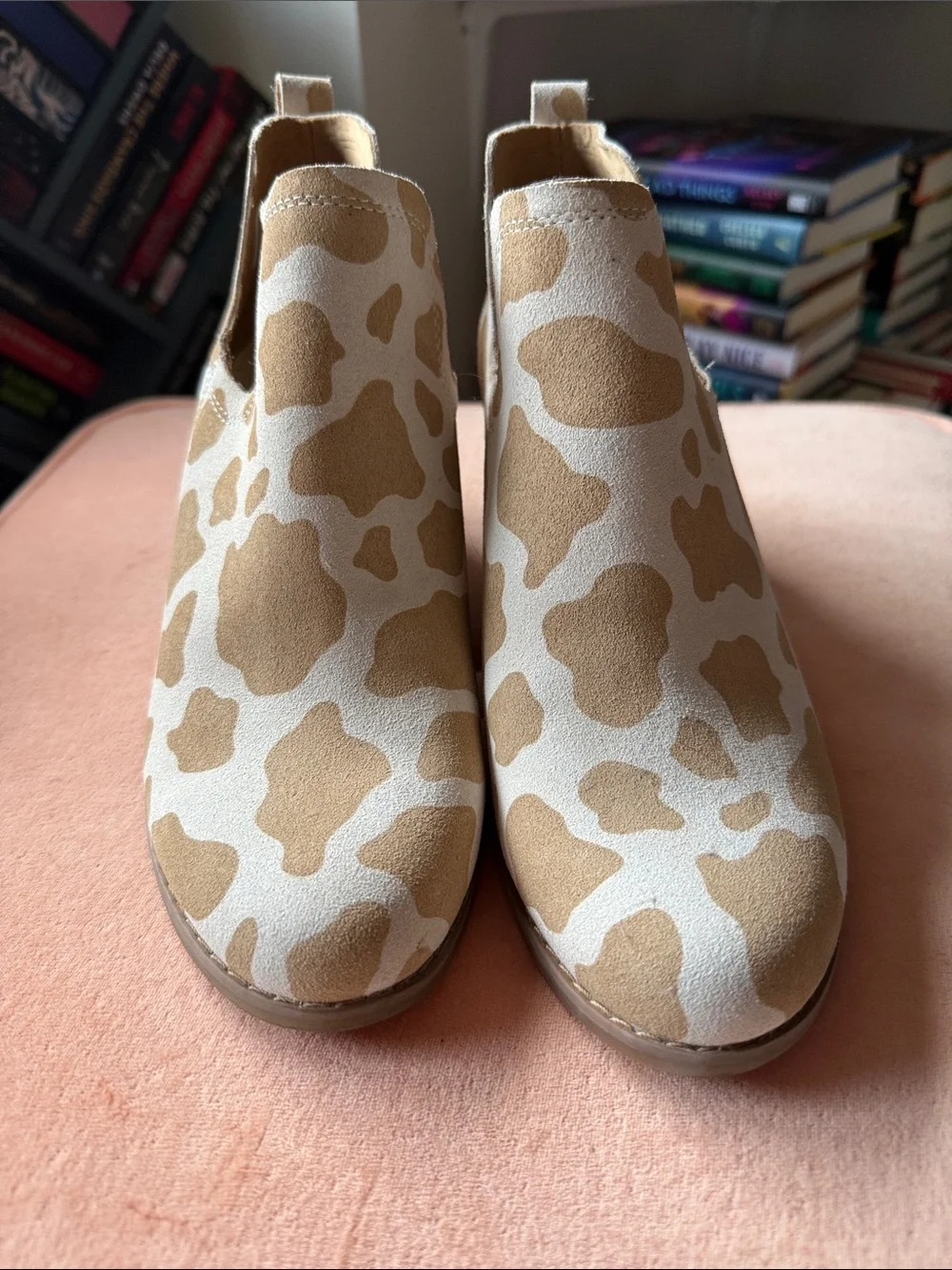 Toms Tan and Cream Cow Print Ankle Booties
